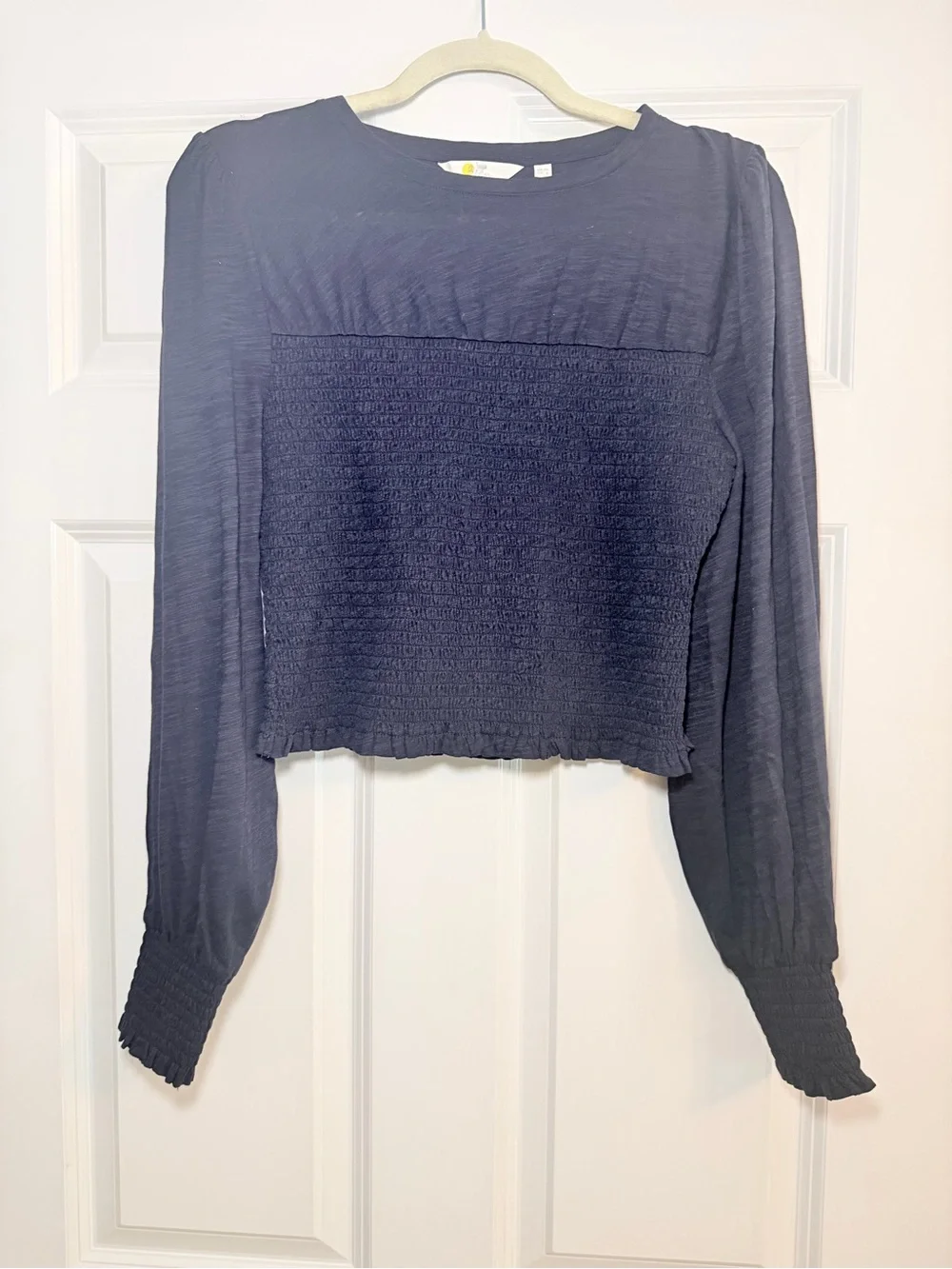 Boden Women's Navy Long-Sleeve Smocked Crop Top